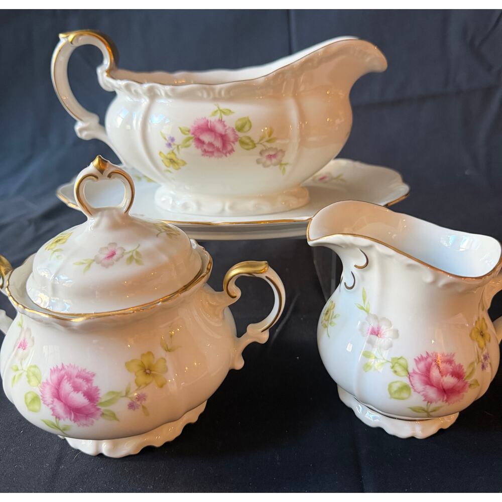 Edelstein Bavaria Regent Covered Sugar Bowl Creamer Gravy Boat w/ Attached Plate
